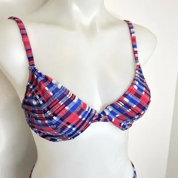 Vintage 90’s Hobie Bikini Swimsuit Set 2 Piece Womens 11/12 Red Blue Plaid USA